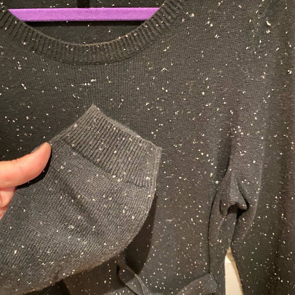 Talbots black sweater dress with white and grey specks.  Cute side tie detail